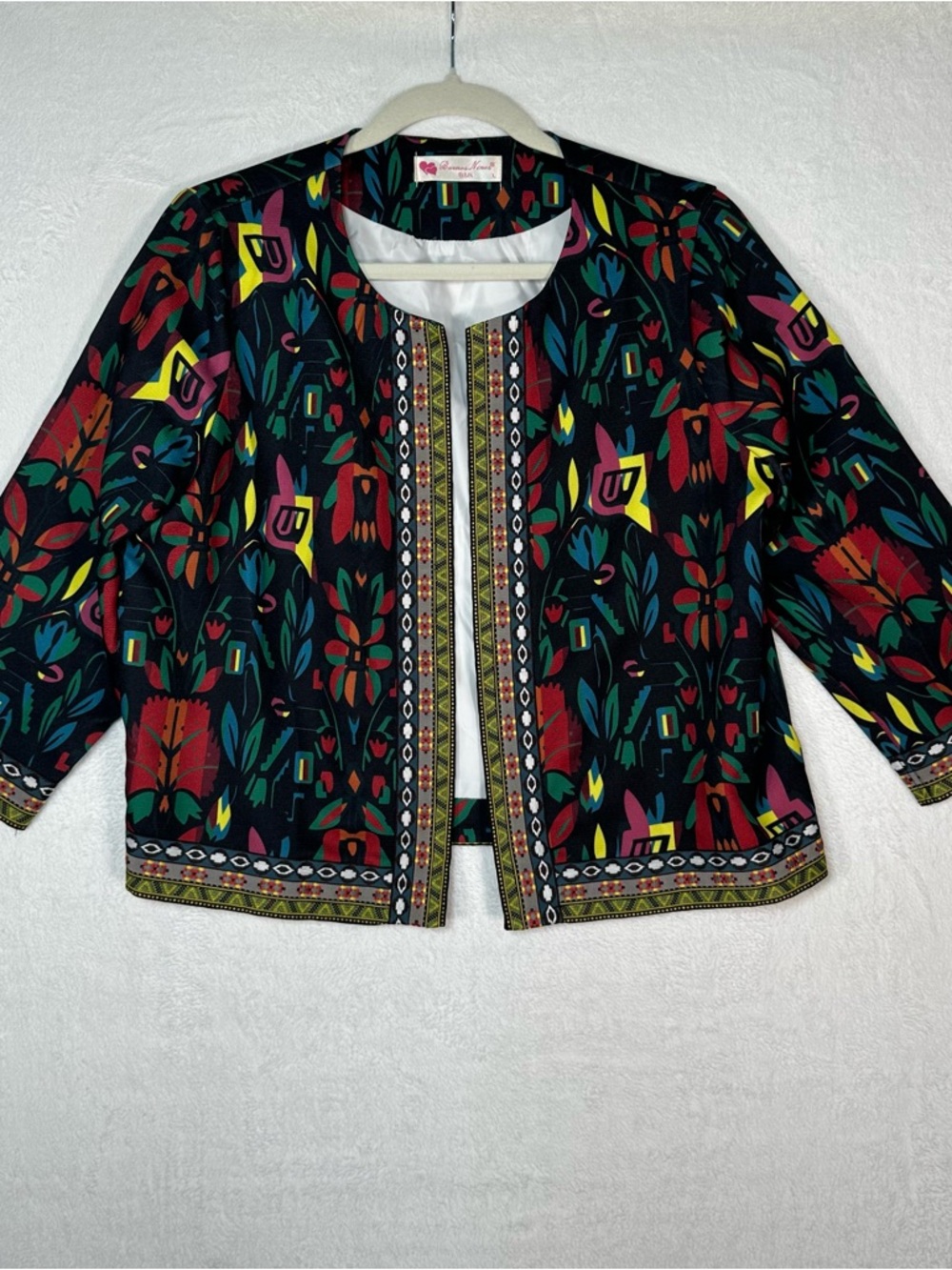 Buenos Ninos B&N Jacket Women L Black Multi Color‎ Tribal Floral Open Front Boho